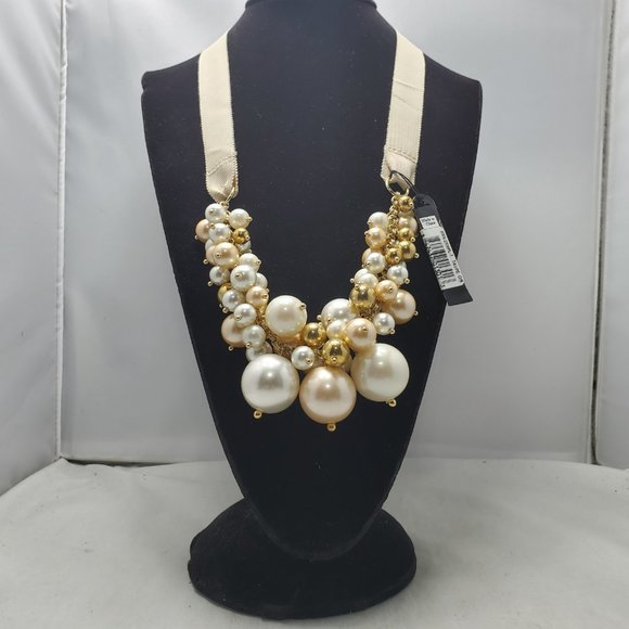 AQUA Faux pearl cluster multi beaded with taupe fabric bib necklace - Picture 1 of 7
